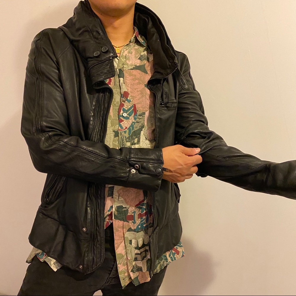 Genuine leather biker style jacket w hidden hood